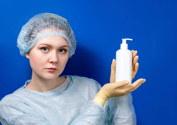 Plastic White Antiseptic Bottle Dispenser Blue Background Mock Packaging Space — Stock Photo, Image