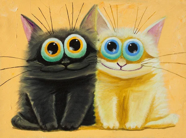 Peinture à l'huile originale sur toile pour deux chats enfants étonnés — Photo