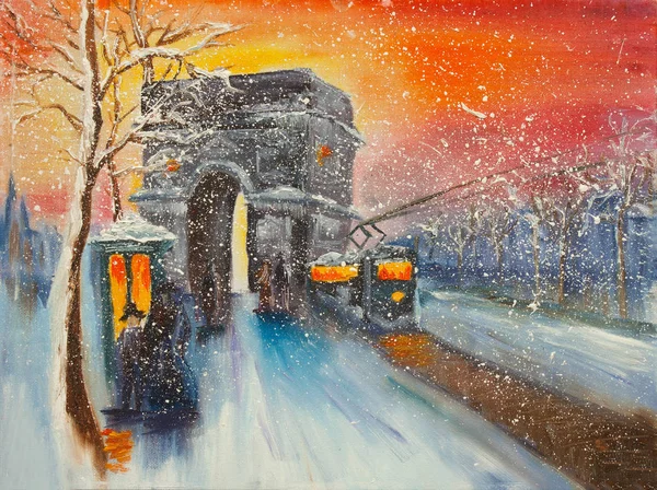 Noite de inverno na cidade noite original pintura a óleo — Fotografia de Stock