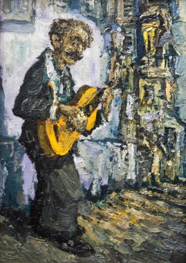 gitar orijinal yağlı boya tuval üzerine oyunundan sokak müzisyeni