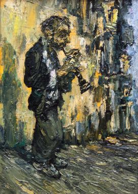 eski sokak müzisyeni oyunundan klarnet orijinal yağlı boya tuval üzerine