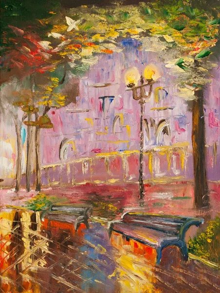 night time at park after rain in autumn oil painting
