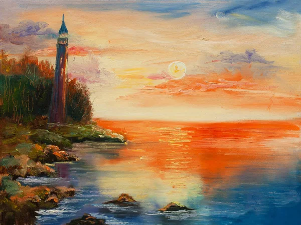 Gün batımı Yağlıboya Resim, eski deniz feneri — Stok fotoğraf
