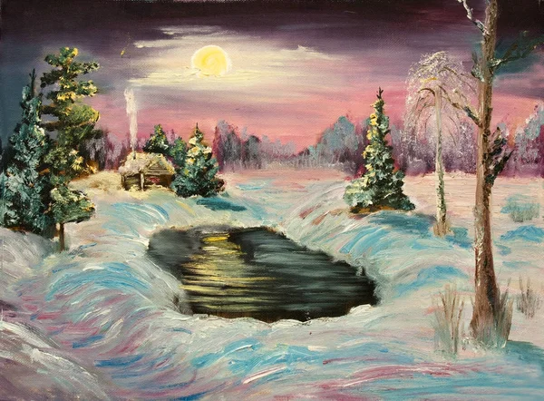 Winter night lake and house oil painting — Stock Photo, Image