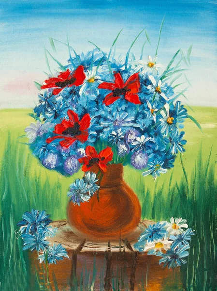 Szép virágok vázában olajfestmény vásznon — Stock Fotó