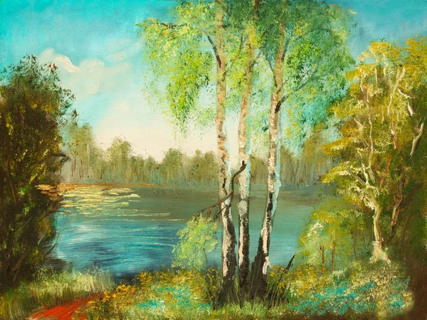 Lac et trois bouleaux peinture à l'huile — Photo