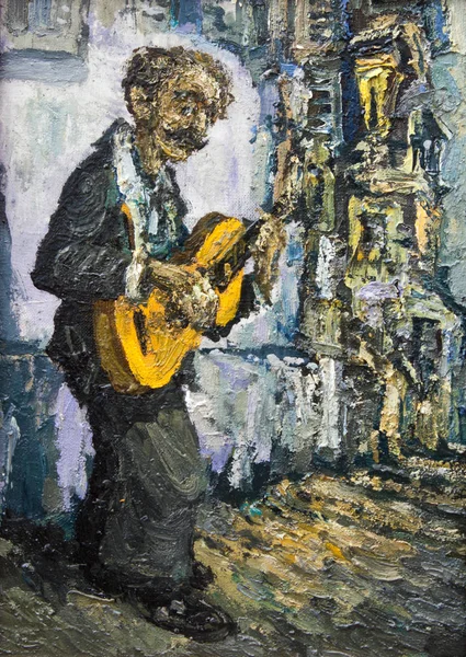 Músico callejero jugar en la guitarra pintura al óleo original sobre lienzo —  Fotos de Stock