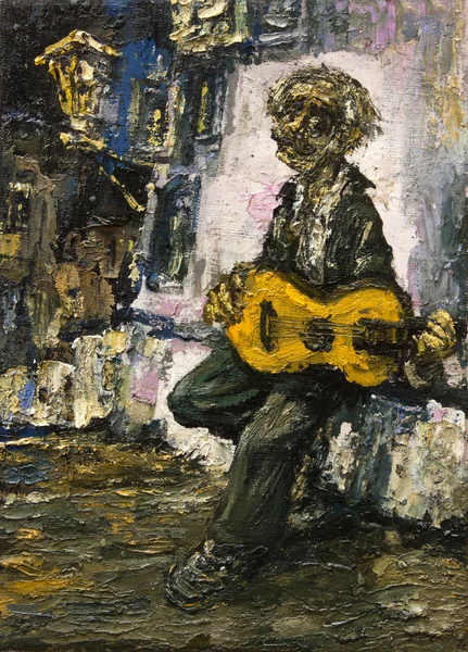 Old street musician play on guitar original oil painting — Stock Photo, Image