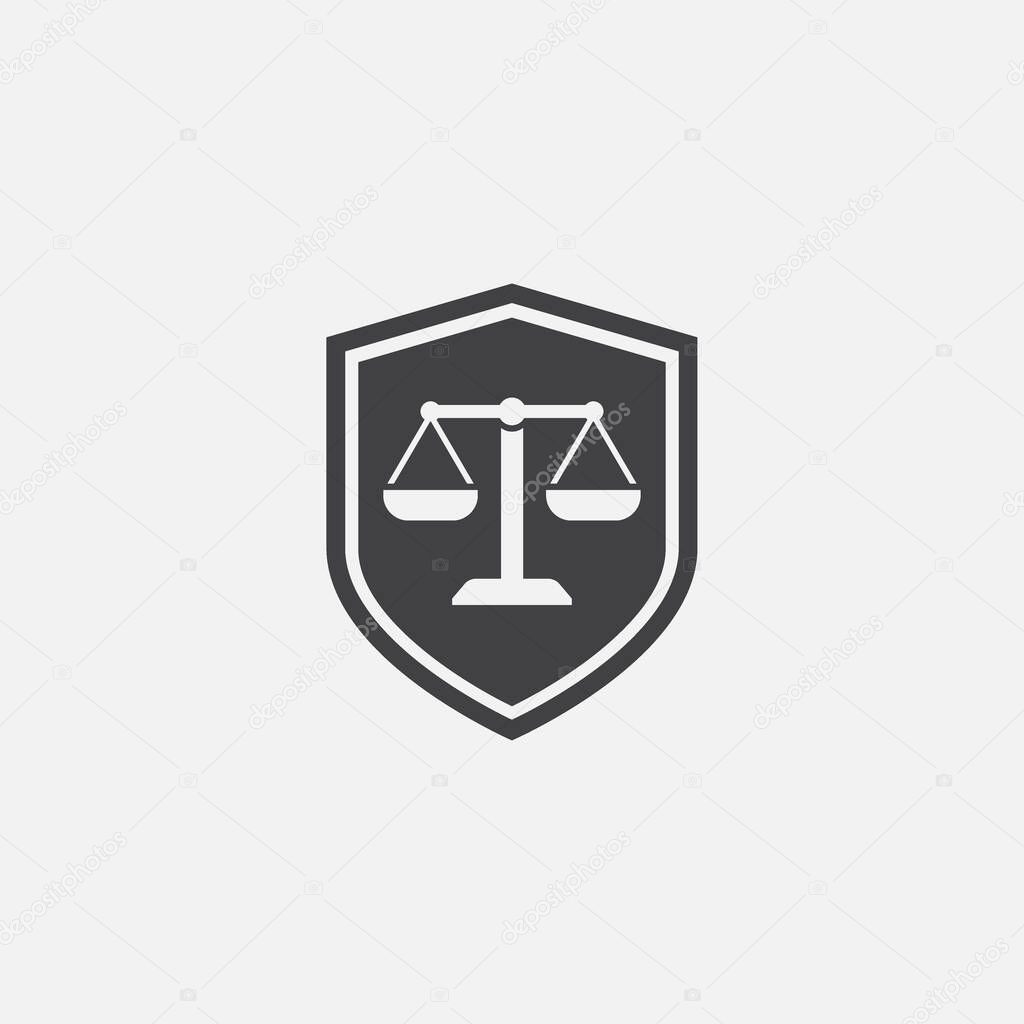 Law firm and shield Icon, simple Law Icon design with shield, shield Justice icon, Scales Of Justice design illustration