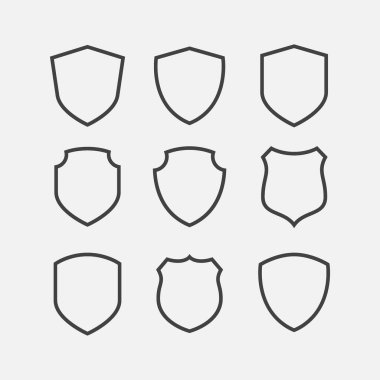 Doğrusal biçimde ayarlanmış basit güvenlik simgesi, kalkan doğrusal simgesi seti, vektör basit kalkan simgesi seti, doldurulmuş düz işaret, koruma kalkanı simgesi simgesi seti, kalkan vektör ilüstrasyonu