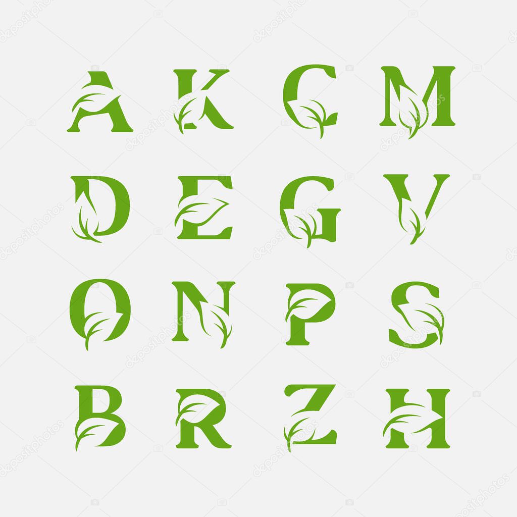 set of Green Leaves letter vector, eco Alphabet illustration pack