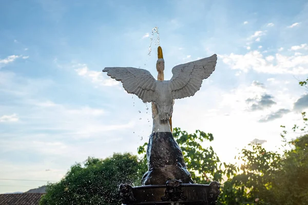 Joutsenenmuotoinen Suihkulähde Joka Heittää Vettä Huipulta Keskusaukiolla Sucressa Antiokiassa Kolumbiassa — kuvapankkivalokuva