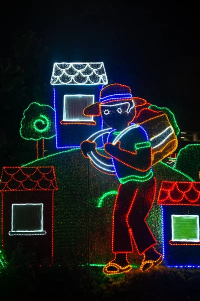 Boy Backpacking Illuminated Village Medellin Holidays Light Fair Parque Norte — стокове фото