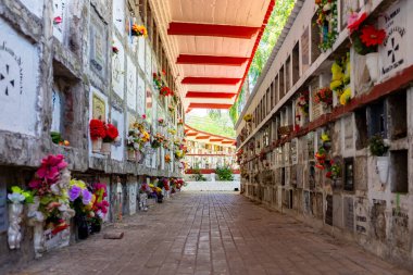 Santa Fe, Antioquia / Kolombiya - 25 Ocak 2020: Eski İspanya Koloni Tarihi Mezarlığı 'nda Çiçekli Mezarlar