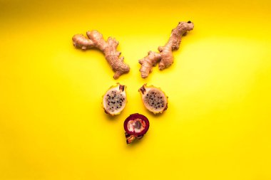 İki Pitaya (Pitahaya) ayrıca Kaktaceae ailesinden Ejder Meyvesi, Yarım Mangosteen (Garcinia Mangostana) ve Sarı Arkaplanda Bir Geyiğin Yüzü Oluşturan İki Ginger Parçası olarak da bilinir.