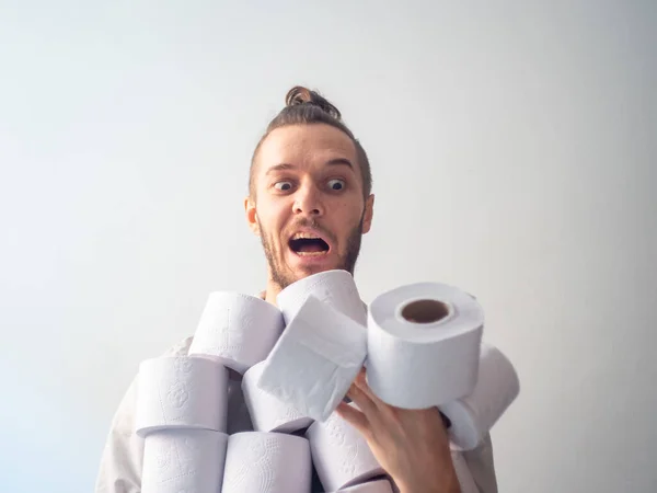 Young Blond Hair Caucasian Male Hoarding Toilet Paper Covid Looking — Stock Photo, Image