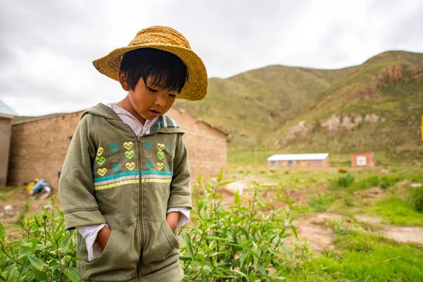 Poopo, Oruro / Bolivya - 14 Şubat 2018: Küçük Yerli Uru Hasır Şapka Giyiyor ve Kırsalda Yürüyor