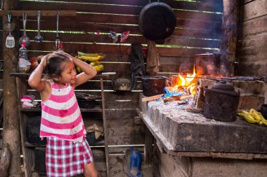 Rurrenabaque, Beni / Bolivya - 11 Mayıs 2016: Bolivya Amazonisi 'ndeki Evinin Mutfağında Kırsal Şömineye Yakın Genç Yerli Amazon Kız