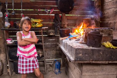 Rurrenabaque, Beni, Bolivia - May 11 2016: Young Indigenous Amazonian Girl Near to a Rustic Fireplace in the Kitchen in her Home in the Bolivian Amazonia