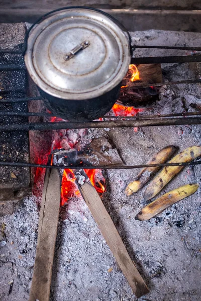 Aluminum Pot Heated Rustic Stove Wood Charcoal Banana Peels — Stock Photo, Image