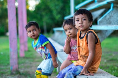 Rurrenabaque, Beni / Bolivya - 11 Mayıs 2016: Genç ve Küçük Yerli Amazon Çocukları Gülümsüyor ve Bir Tarla Çimenindeki Kameraya Bakıyor