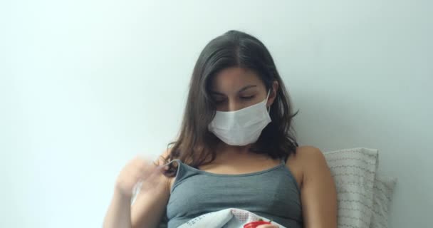 Hispanic Young Brown Hair Female Wears Disposable Face Mask Cough — Stock Video