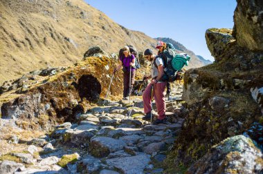 Takesi, La Paz / Bolivya - 6 Ağustos 2017: Sırt çantalı genç Kafkasyalı Trekking Sticks 'in yardımıyla Rocky Way Gidiyor