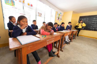 Uni, La Paz / Bolivya - 26 Ekim 2018: Birinci Sınıf Mavi Üniformalı Yerli Çocuklar Masalarında oturuyor ve Öğretmenle ilgileniyorlar