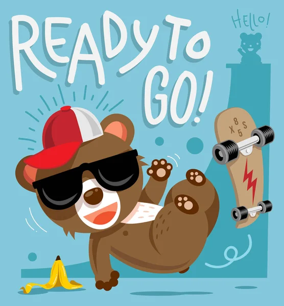 Divertidas aventuras de oso skater de dibujos animados — Vector de stock