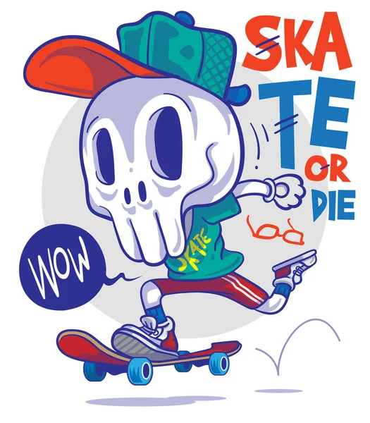 Legrační Vector Cartoon lebka Skateboard Stock Ilustrace
