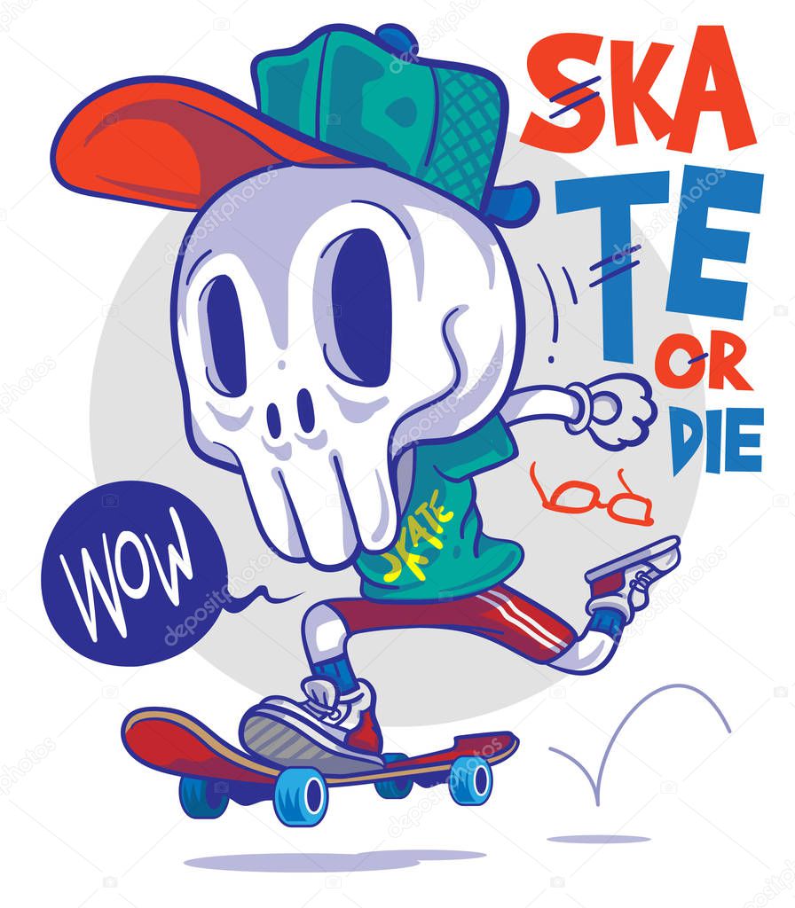 Funny Vector Cartoon Skull Skateboard
