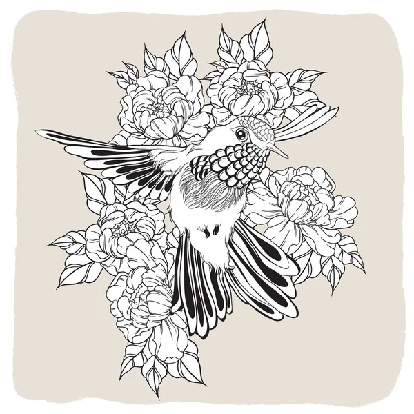 Ручной рисунок летающей жужжащей птицы с цветком пиона. Векторная иллюстрация — стоковый вектор