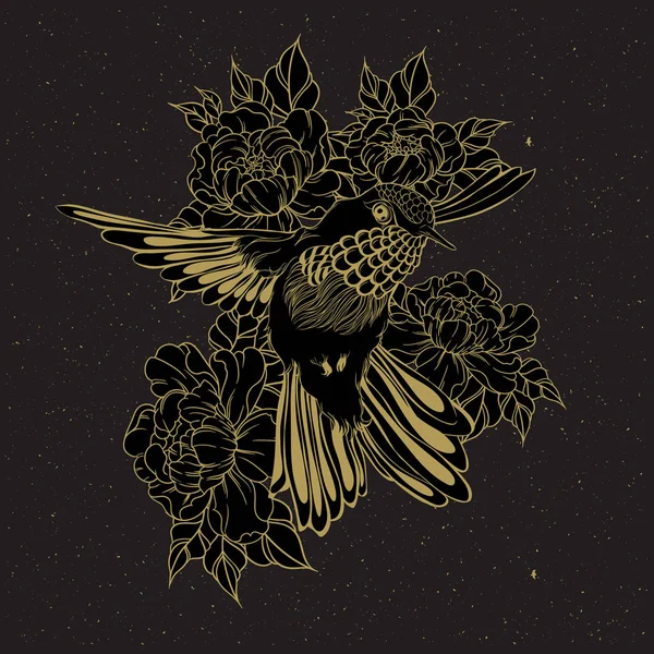 Ručně kreslené létající kolibříkovi s Pivoňka květ. Vektorové ilustrace — Stockový vektor