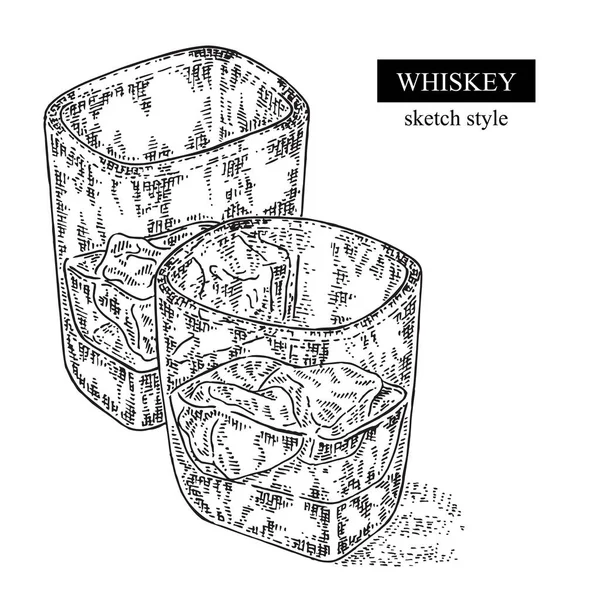 Bebida de whisky. Dibujado a mano dos vasos de whisky. Vector — Archivo Imágenes Vectoriales