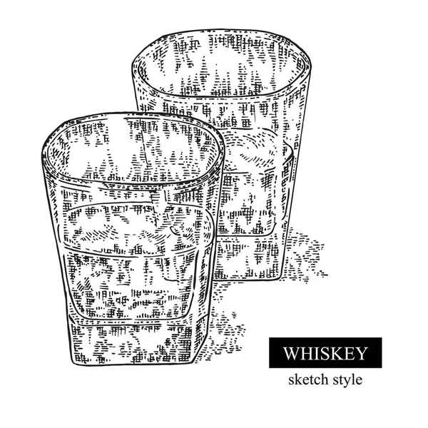 Whiskey italt. Kézzel rajzolt két pohár whiskey-t. Vektor — Stock Vector