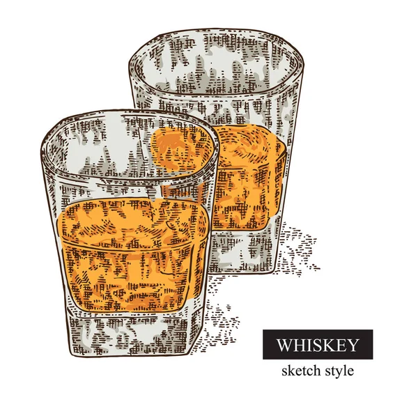 Whiskey-Drink. handgezeichnet zwei Gläser Whisky. Vektor — Stockvektor