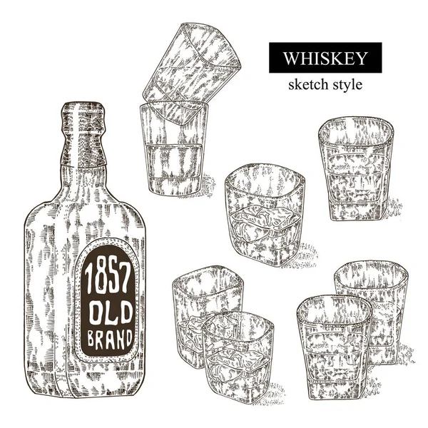 Conjunto de bebidas de whisky. Botella dibujada a mano y vaso de whisky. Grabado — Archivo Imágenes Vectoriales