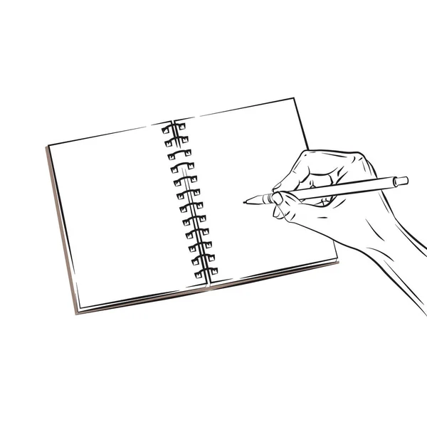 Hand mit Stift und aufgeschlagenem Buch. Vektorabbildung isoliert — Stockvektor