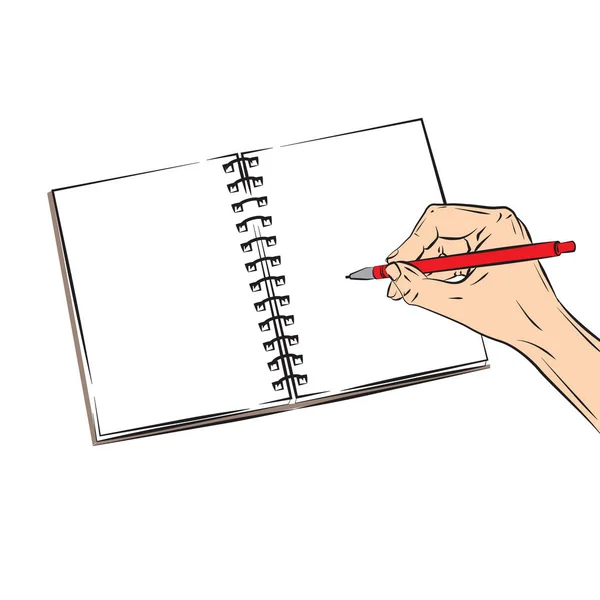 Hand met pen en open boek. Vectorillustratie geïsoleerd — Stockvector