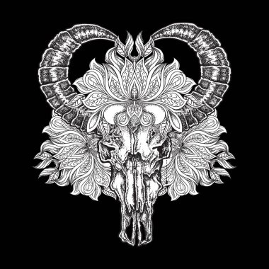 El çizilmiş nokta iş dövme bizon kafatası mandala çiçek. 