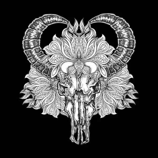 El çizilmiş nokta iş dövme bizon kafatası mandala çiçek. 
