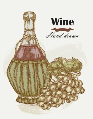 El üzüm vintage ile çizilmiş şarap şişesi. Vektör çizimi