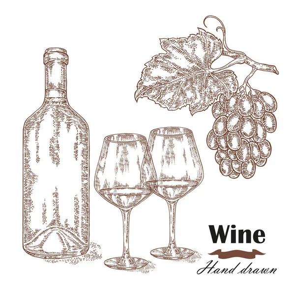 手には、ボトルやワインのグラスでワインが描画されます。ビンテージ ベクトルのスケッチ — ストックベクタ