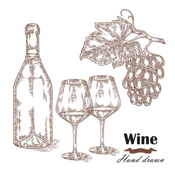 Vino dibujado a mano en botella y copa de vino. Bosquejo vectorial Vintage — Vector de stock