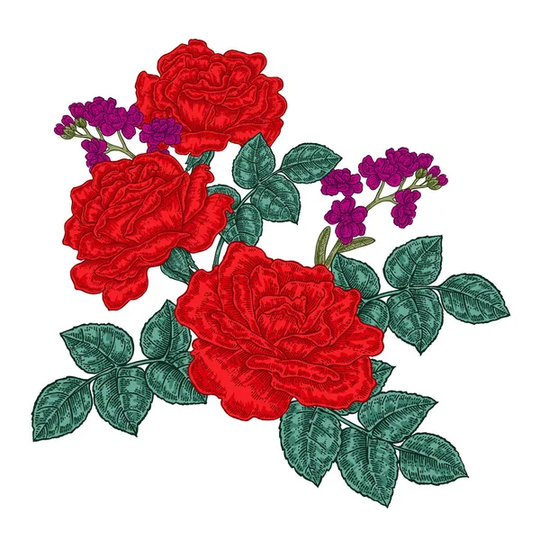 Rosas rojas y flores silvestres y hojas de estilo vintage. Ilustración de vector botánico dibujado a mano. Elementos de diseño floral — Archivo Imágenes Vectoriales