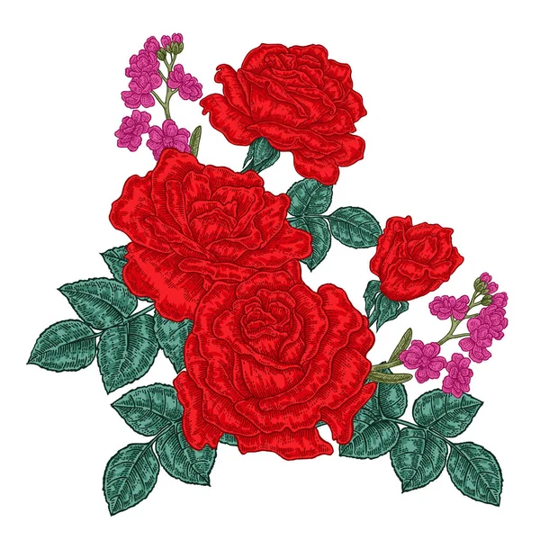 Rode rozen en wilde bloemen en bladeren in vintage stijl. Hand getekend botanische vectorillustratie. Floral designelementen — Stockvector