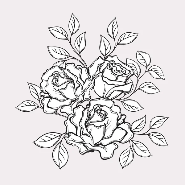 Zwart-wit rose bloemen en bladeren. Hand getekende vector illus — Stockvector
