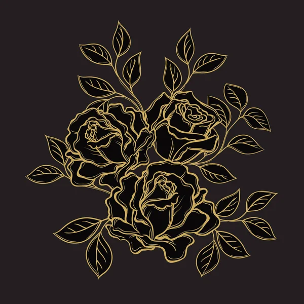 Rosa dorada flores y hojas sobre fondo negro. Dibujado a mano v — Archivo Imágenes Vectoriales