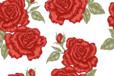 Beyaz zemin üzerine kırmızı gül çiçekler ile Seamless modeli. Vektör çizim kumaşlar, hediye paketleme, Tekstil ve kart tasarımı