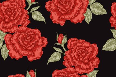 Siyah zemin üzerine kırmızı gül çiçekler ile Seamless modeli. Vektör çizim kumaşlar, hediye paketleme, Tekstil ve kart tasarımı